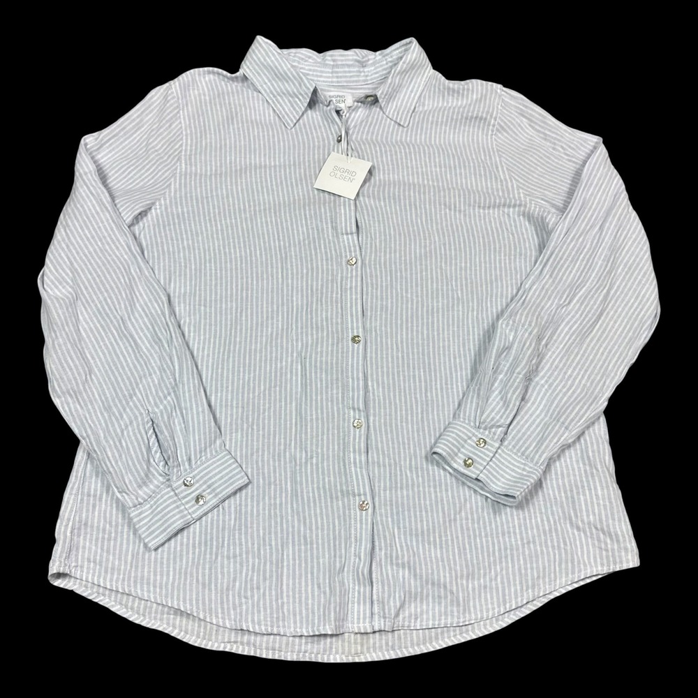 NWT Sigrid Olsen Striped Linen Blend Casual Button Down Shirt Women's XL